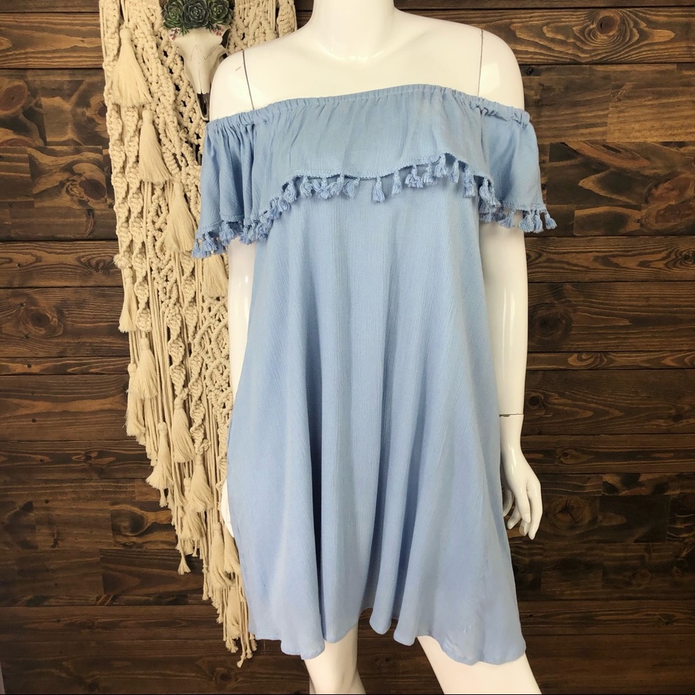 Mittoshop | Off Shoulder Tassel Ruffle Dress‎